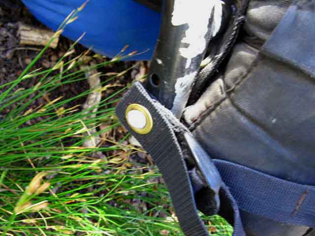 Repaired backpack strap in the North Yosemite Backcountry.