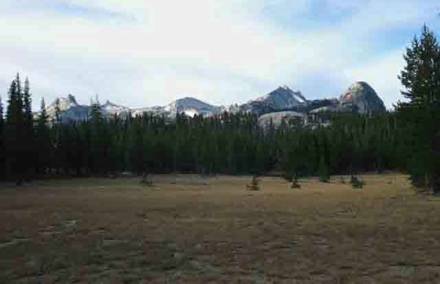 Cathedral Range comes into view again as we hike into lower Tuolumne Meadows.