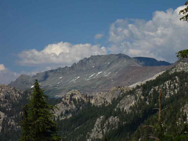 View across Sierra Crestline at Crater Crest above Twin Lakes from the Pacific Crest Trail in Yosemite.