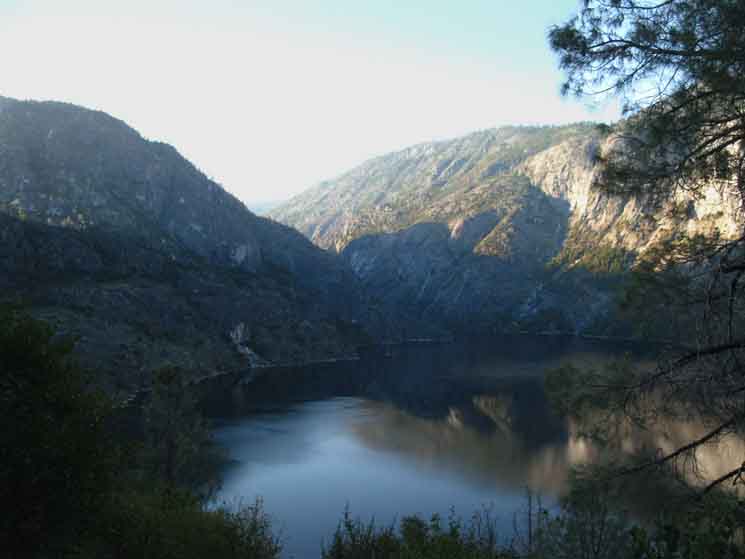 Myself and first light both moving rapidly down towards the surface of Hetch Hetchy.