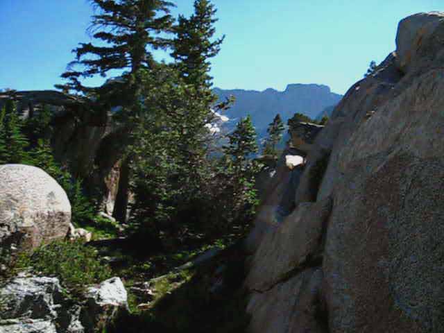 Trail follows channel through granite Southward down from Seavy Pass Bowl in the North Yosemite Backcountry.