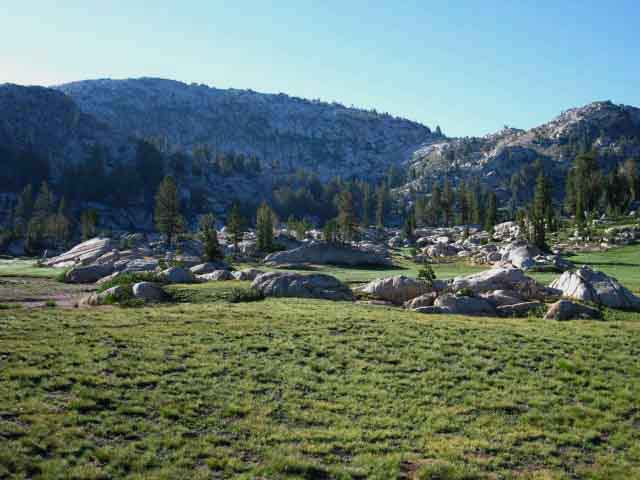 View South across upper meadow below North side of Bensen Pass in Yosemite National Park.
