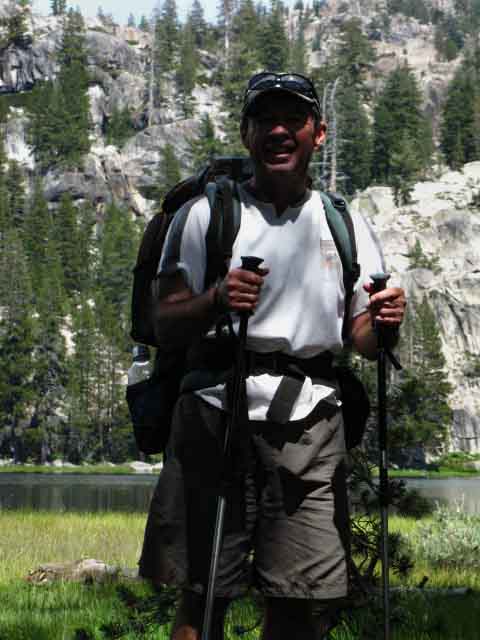 Mike Sweeney backpacking at Wilmer Lake, Yosemite.