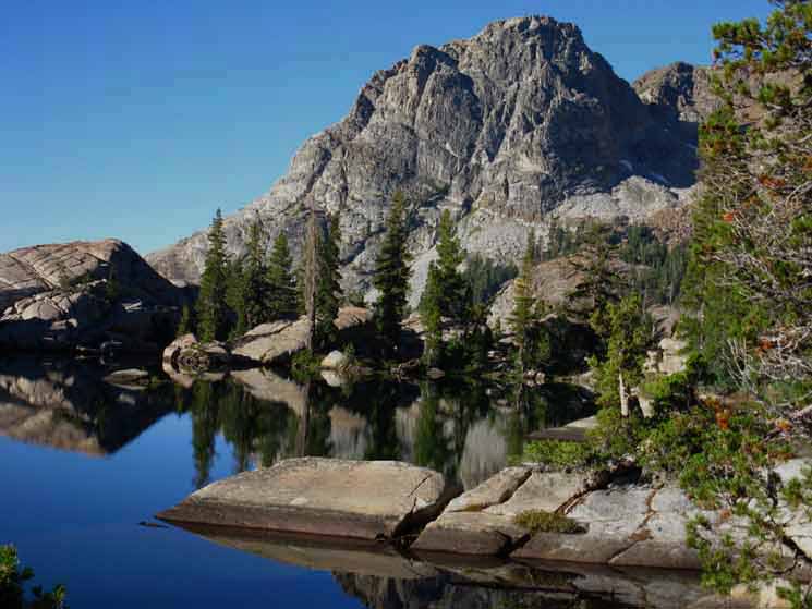 Piute Peak and South Seavy Pass Pond in the morning.