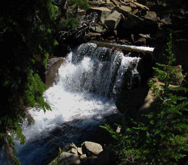 Tilden Creek flows over small waterfall below Tilden Lake in Yosemite.