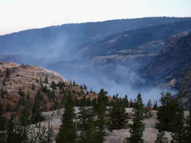 Smoke from Wildcat Fire rising from Grand Canyon of the Tuolumne River.
