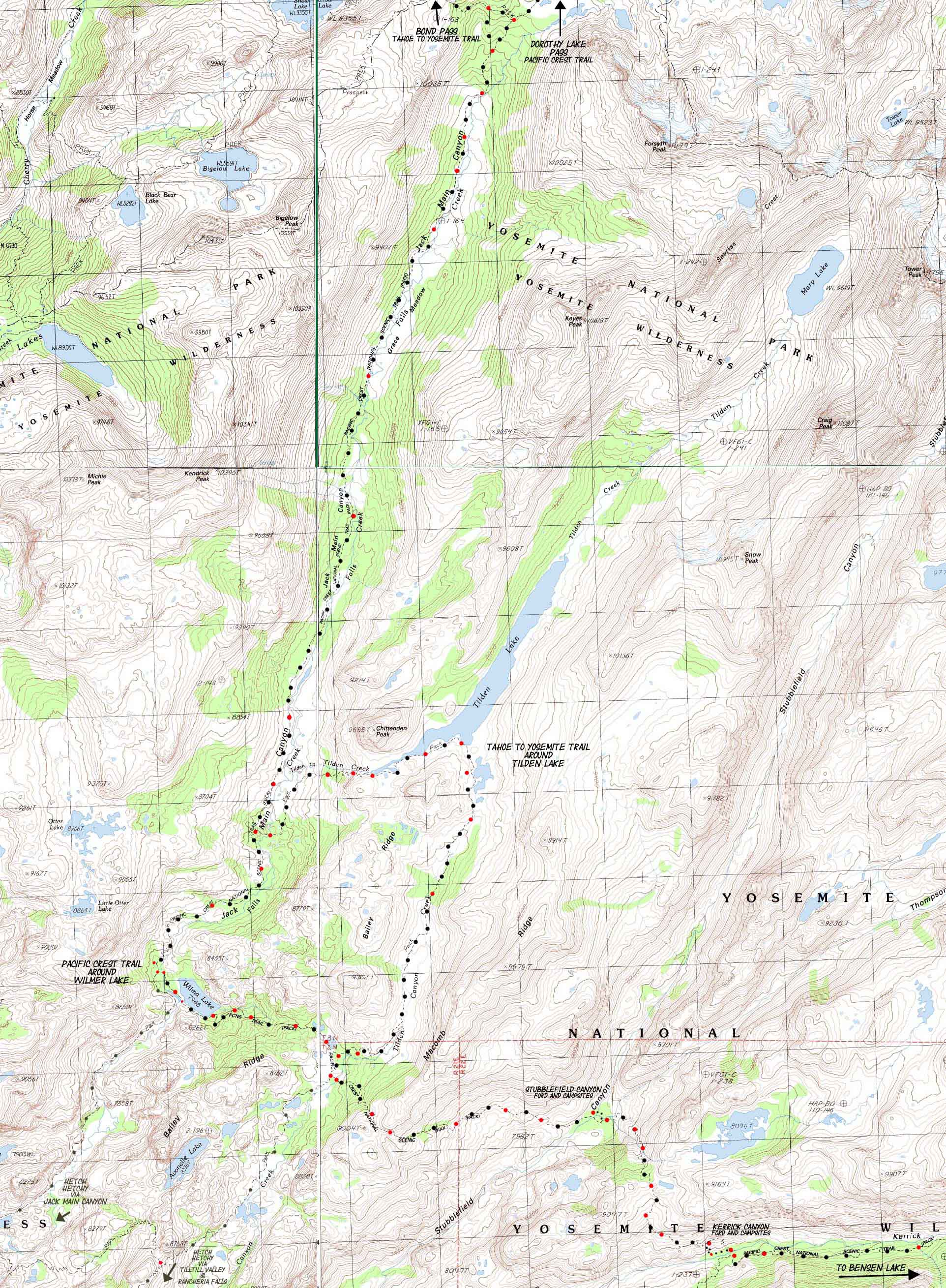 Topo hiking map of Jack Main Canyon with Tilden and Wilmer Lakes in Yosemite.