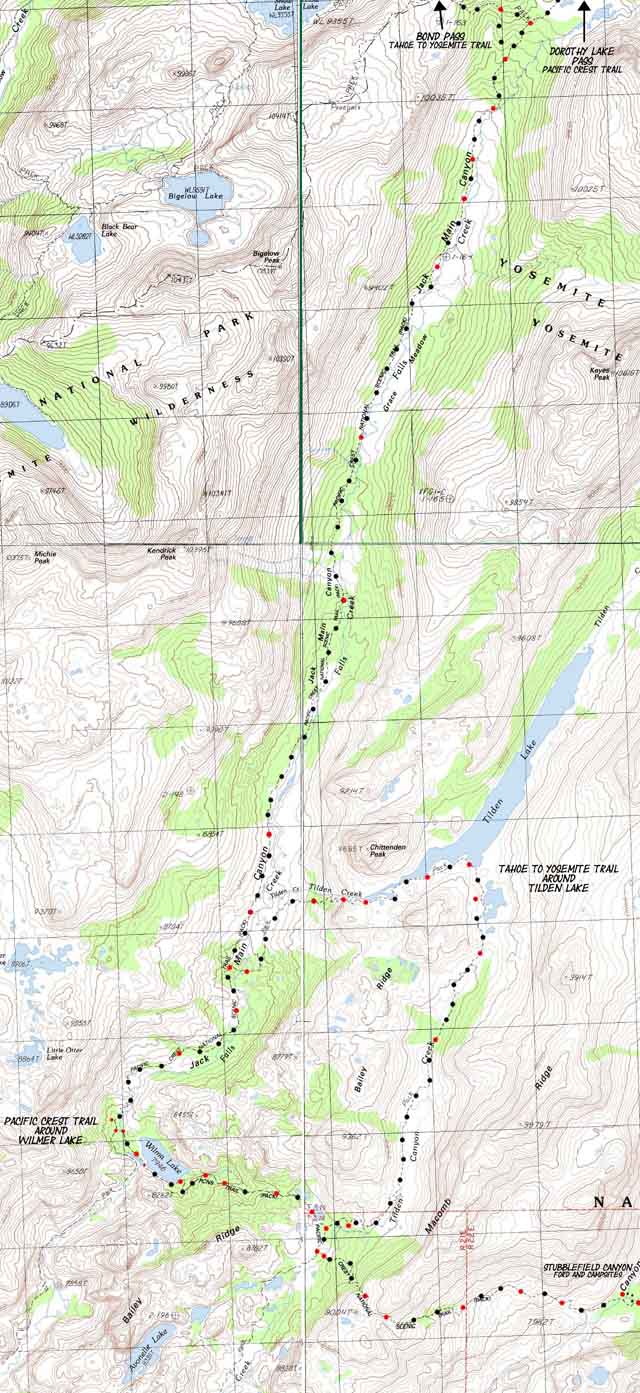 Backpacking Map of upper Jack Main Canyon trail junction between the Tahoe to Yosemite and Pacific Crest Trails.