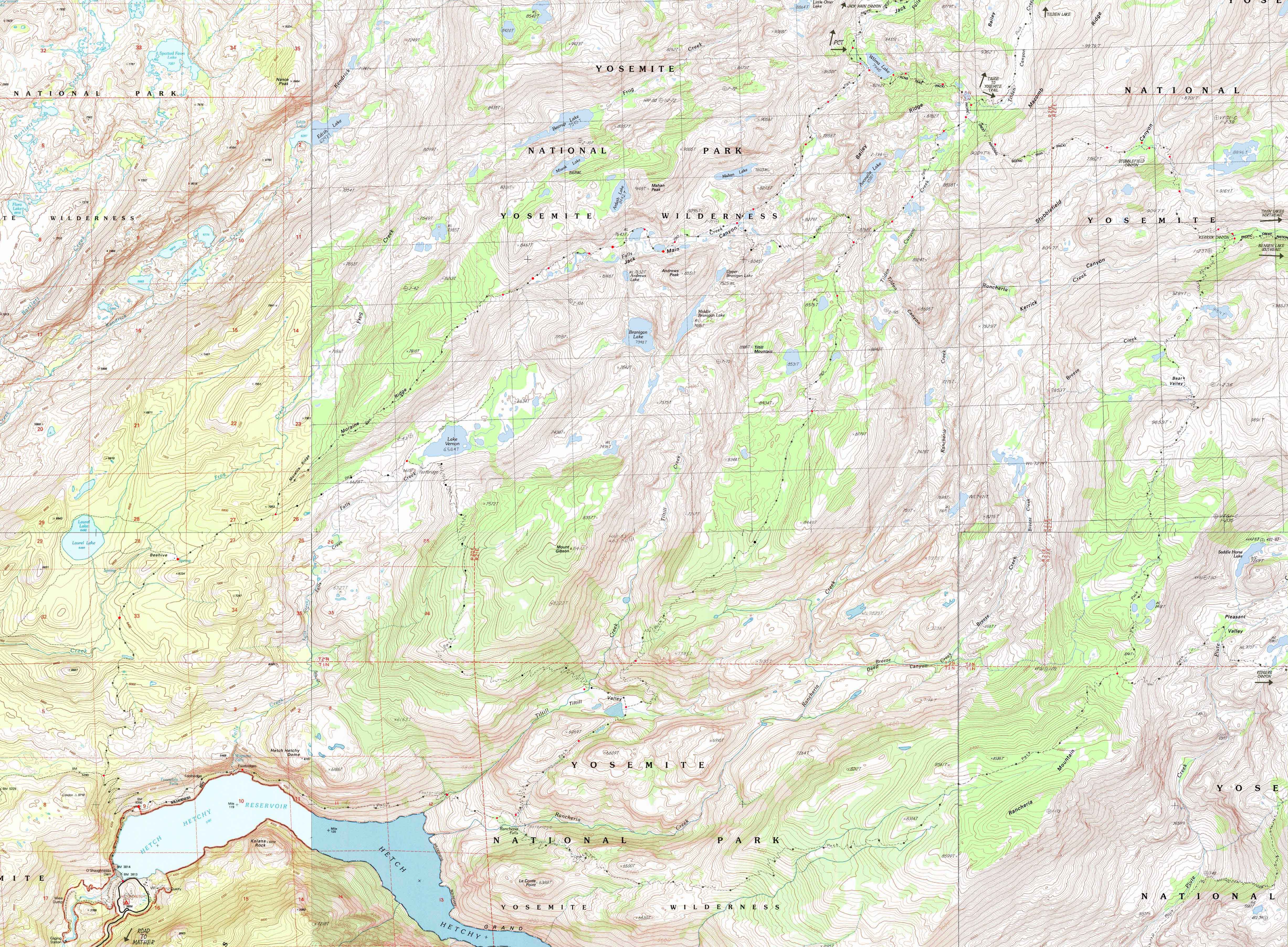 Map of Jack Main Canyon and Tilltill valley from Pacific Crest Trail to Hetch Hetchy.