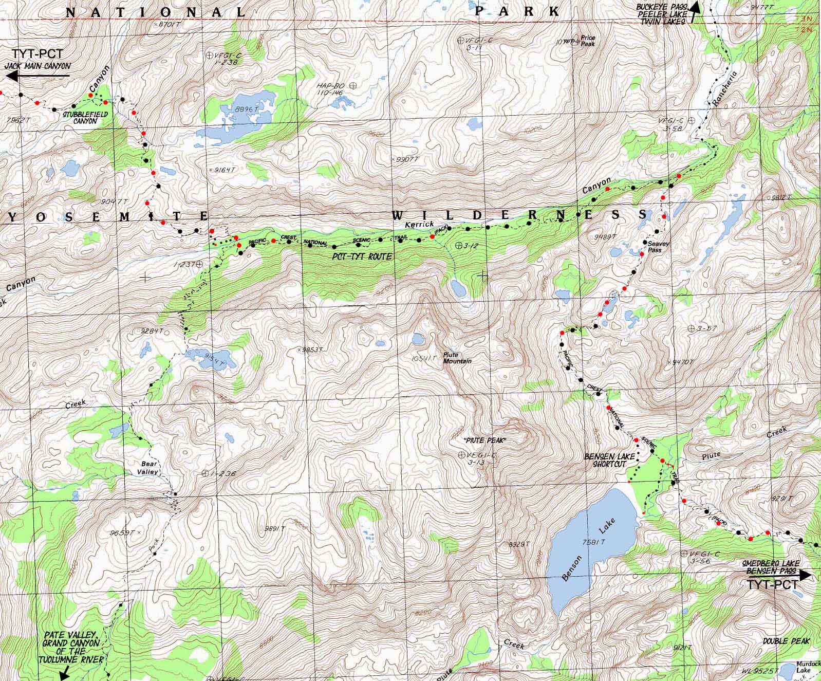 backpacking map Pacific Crest Trail, Tahoe to Yosemite Trail Stubblefield Canyon to Bensen Lake, Yosemite.