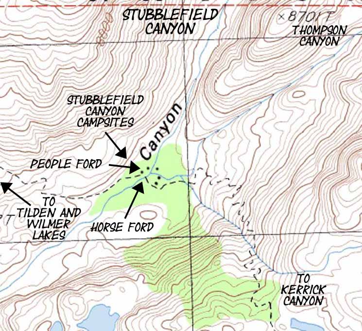Topo hiking map of the campsites and fords in Stubblefield Canyon, Yosemite National Park.