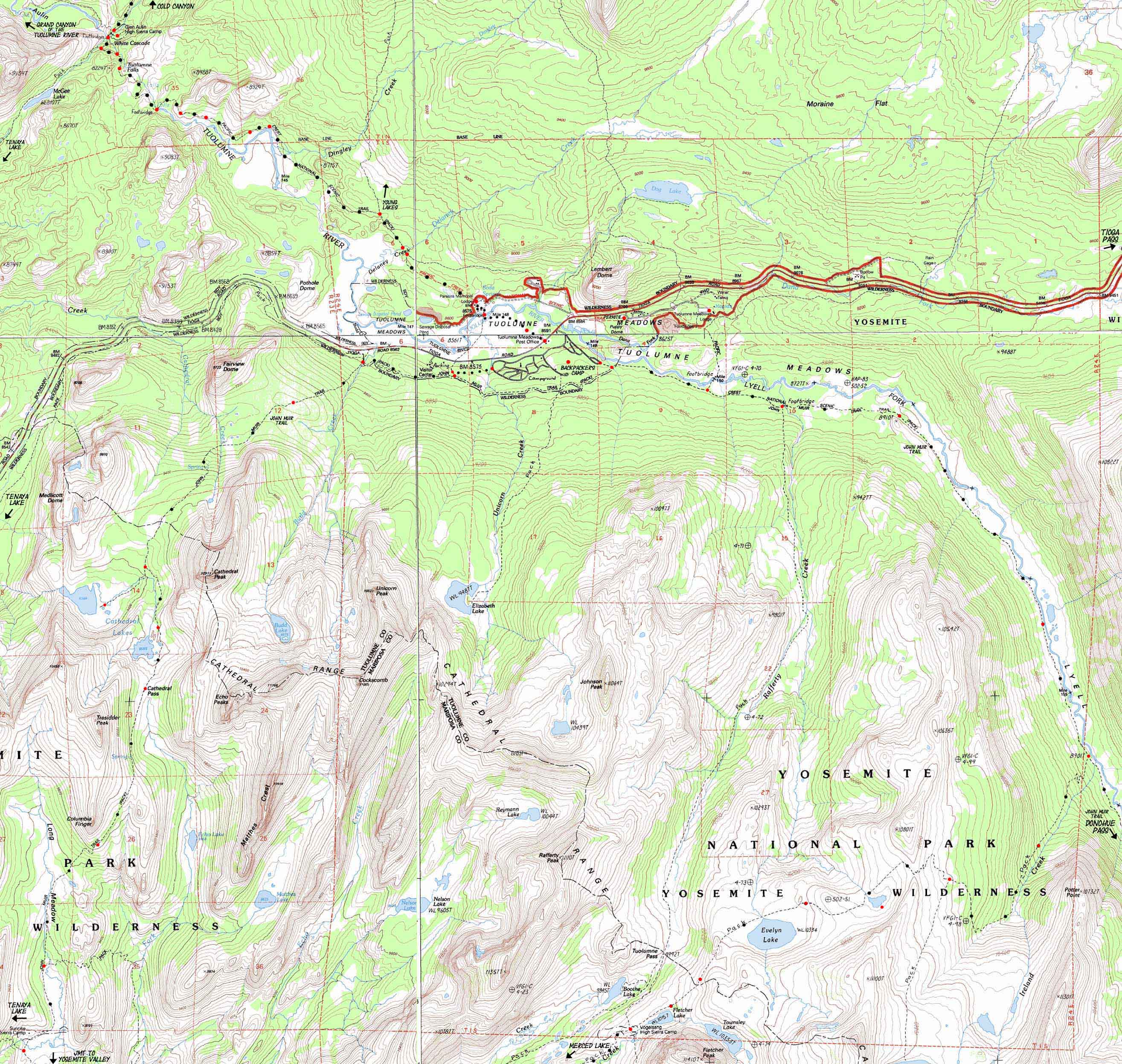 Tuolumne Meadow Region Hiking Map. Pacific Crest Trail and Tahoe to Yosemite Trail North. John Muir Trail to Yosemite Valley and down Lyell Canyon.