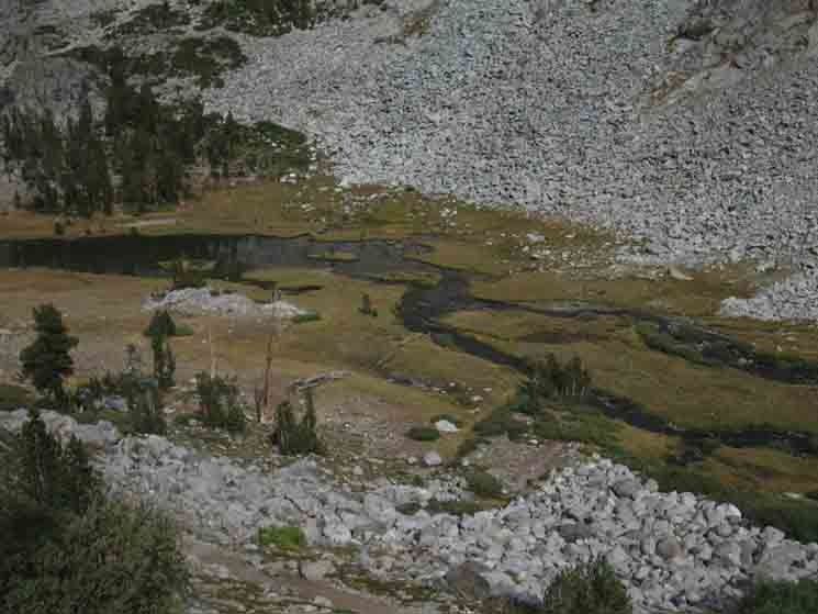 Above the first and lowest  basin under Mount Lyell along the uppermost segment of the Tuolumne River.