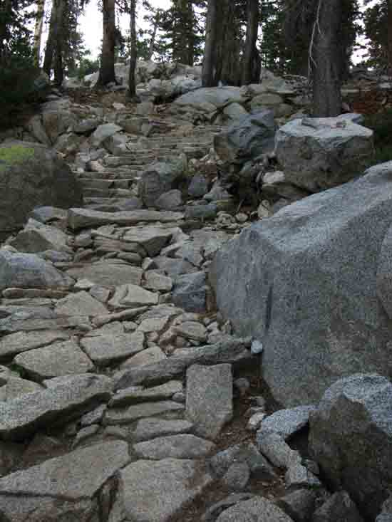Steep granite stairs and surface climbing out of Lyell to Donohue Pass.