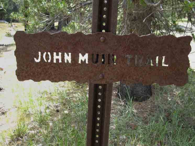 Southbound John Muir Trail sign at Ireland Lake trail junction in Lyell Canyon.