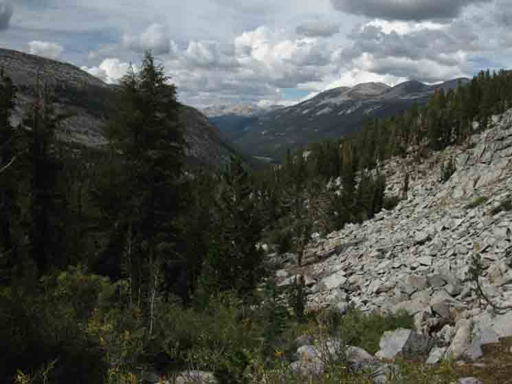 Looking back to the North as we climb above the uppermost Tuolumne River footbridge.
