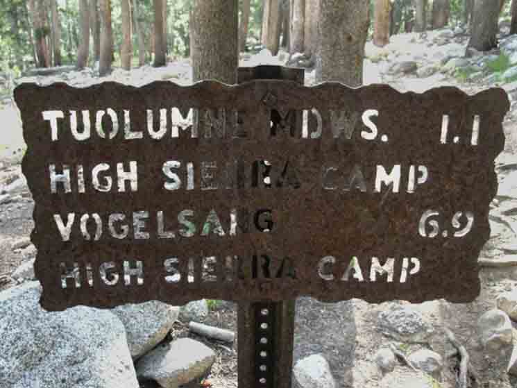 Trail Miles on old steel sign pointing South up Lyell Canyon on the John Muir Trail.