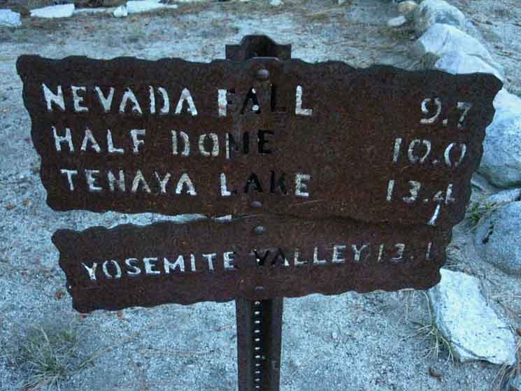 Yosemite Trail Sign miles from Merced Lake to Yosemite Valley.