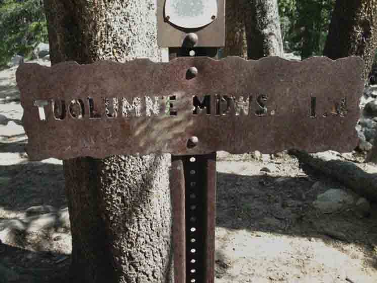 Distance sign at Rafferty Creek to Tuolumne Meadows down Lyell Canyon.