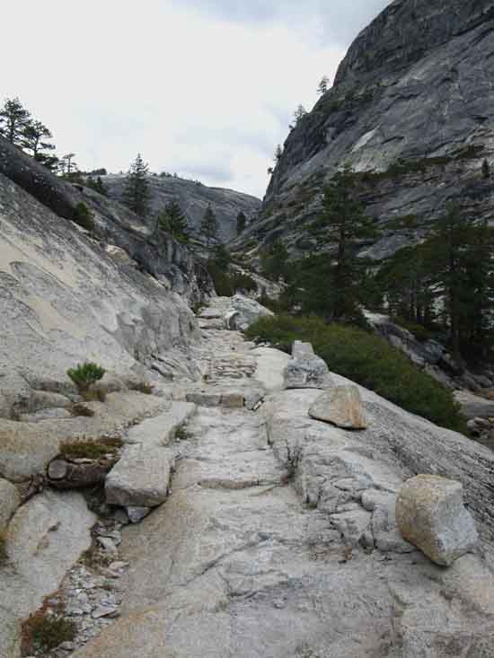 Trail carved in granite along Bunnell Cascade of the Merced River.