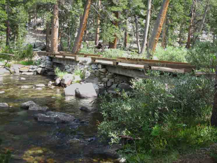 Uppermost footbridge John Muir Trail along the Lyell Fork of the Tuolumne River as we climb to Donohue Pass.