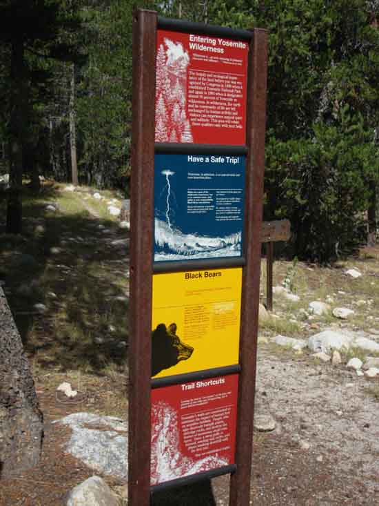 Wilderness boundary marker at Budds Creek in Tuolumne Meadows.