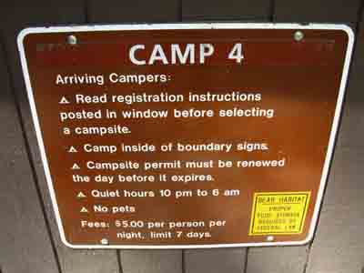 Camp 4 rules, Yosemite Valley, Yosemite National Park.