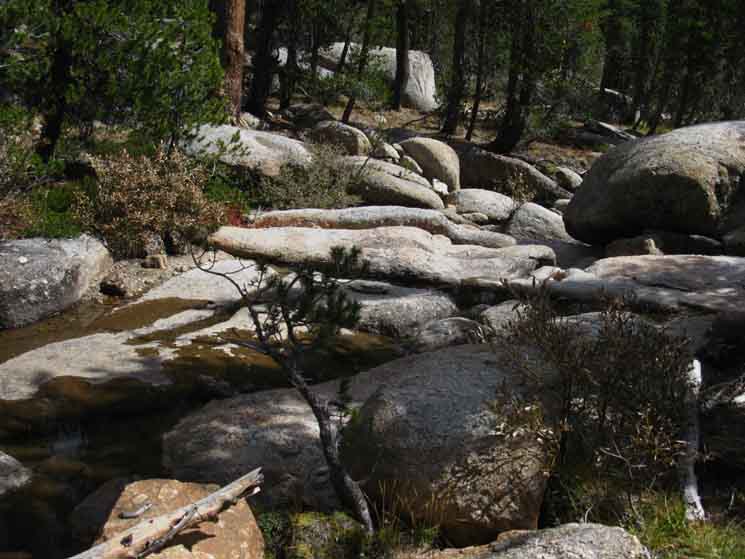 Rock formations along Cathedral Fork of Echo Crek in Yosemite.