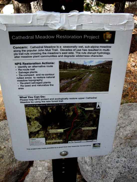 Cathedral Meadow Restoration Project Notice at Trailhead.