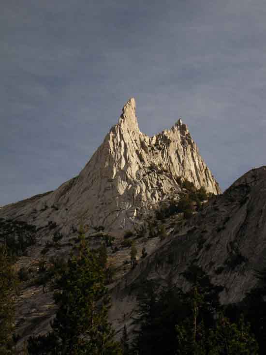 Contrast of Cathedral Peak's peak as we climb towards Upper Cathedral Lake.