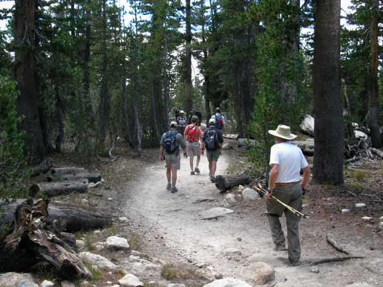Eight day hikers on trail to Cathedral Lakes from Tuolumne Meadows.