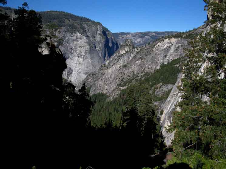 Glacier Point beyond Grizzly Peak from above Nevada Falls on the John Muir Trail.