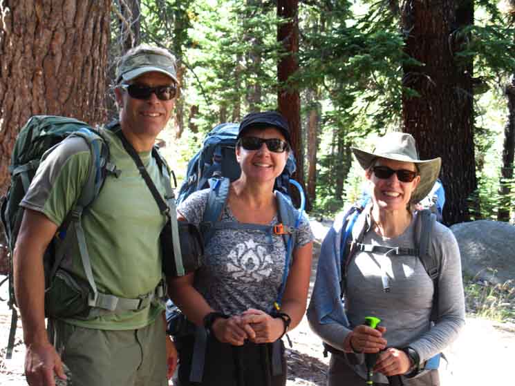 Joe, Kelly, and Mary hiking the Muir Trail below Sunrise High Sierra Camp.