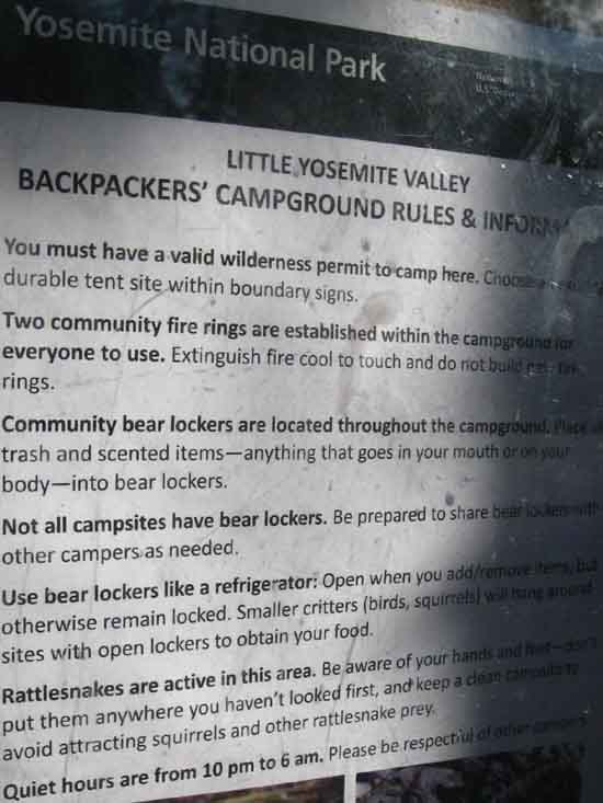 The rules posted at the Little Yosemite backpackers camp.