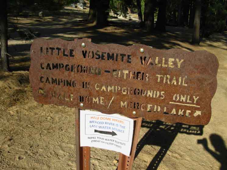 John Muir and Merced River trails diverge on West end of Little Yosemite Valley.