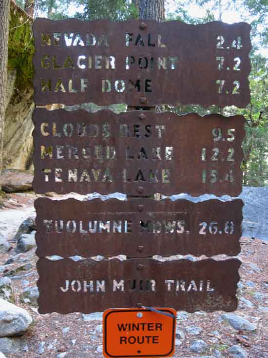 John Muir Trail miles from the Lowest Mist Trail junction.