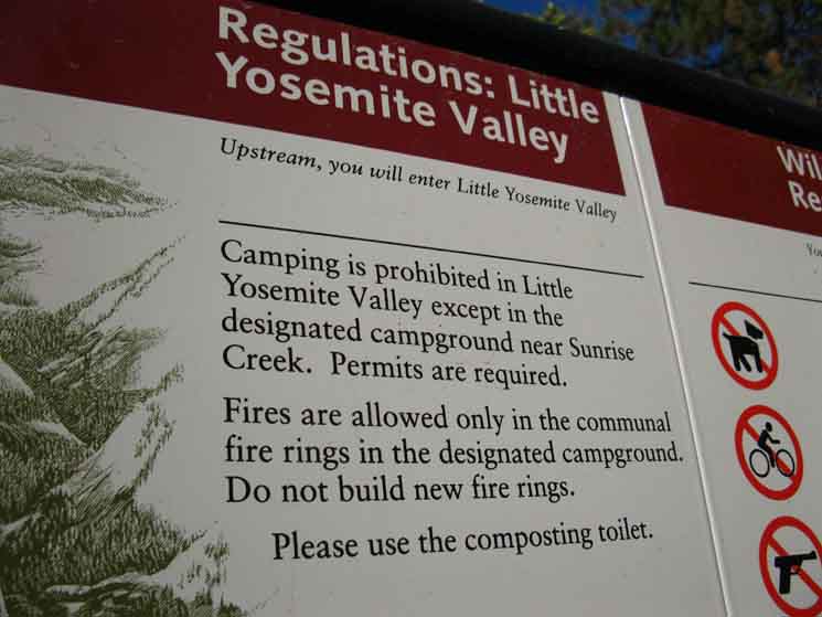 Little Yosemite Valley camping rules posted at upper Mist trail junction.