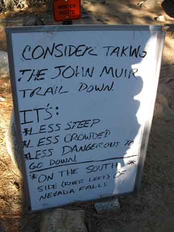 Ranger warning about Mist Trail safety at top of trail.