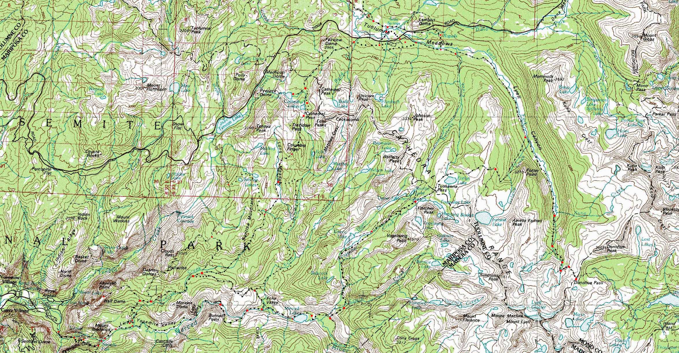 Central Yosemite National Park backpacking map.