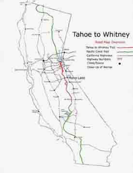 Tahoe to Whitney Trail laid out on a California map