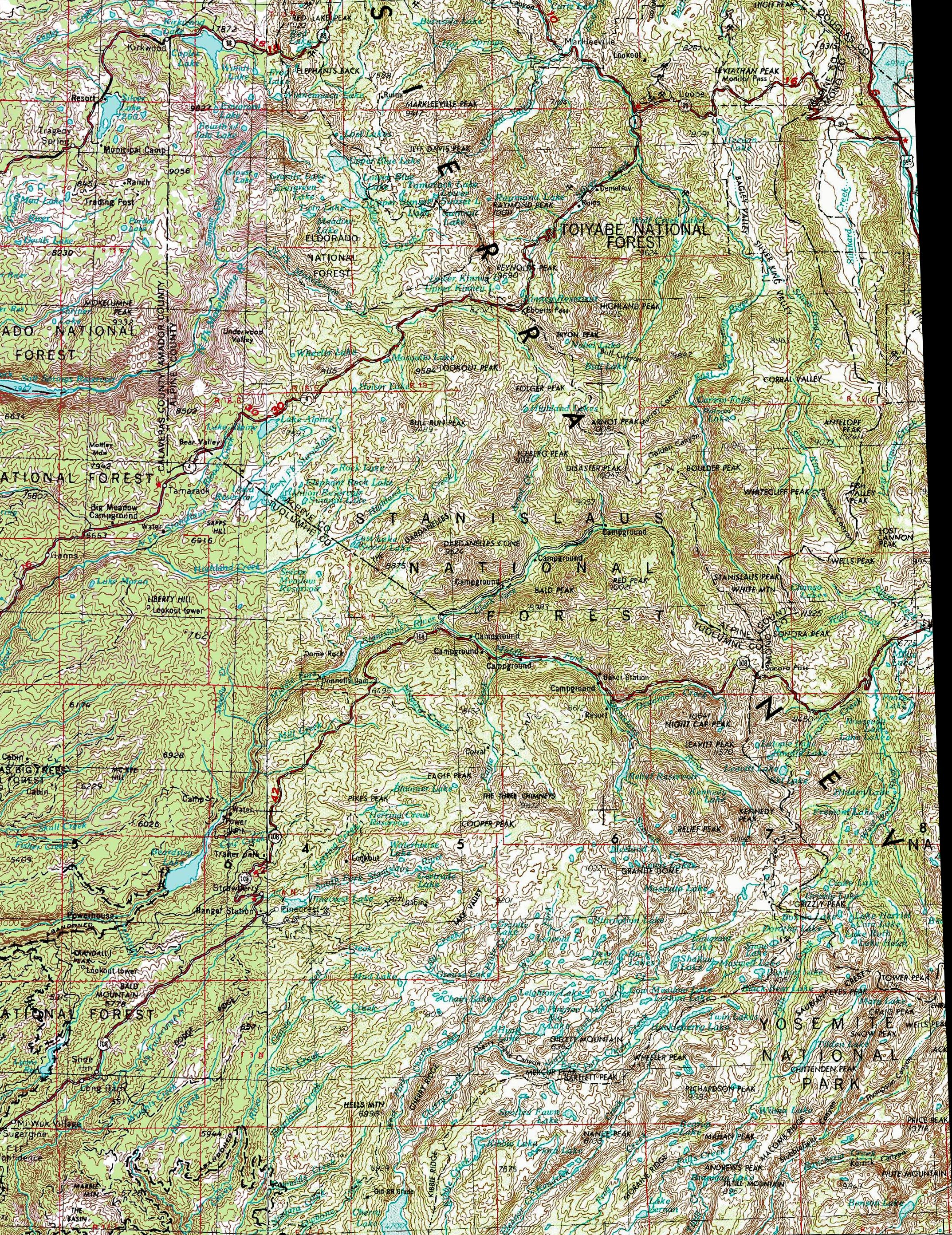 High Sierra Map  between Carson Pass and Bensen Lake.