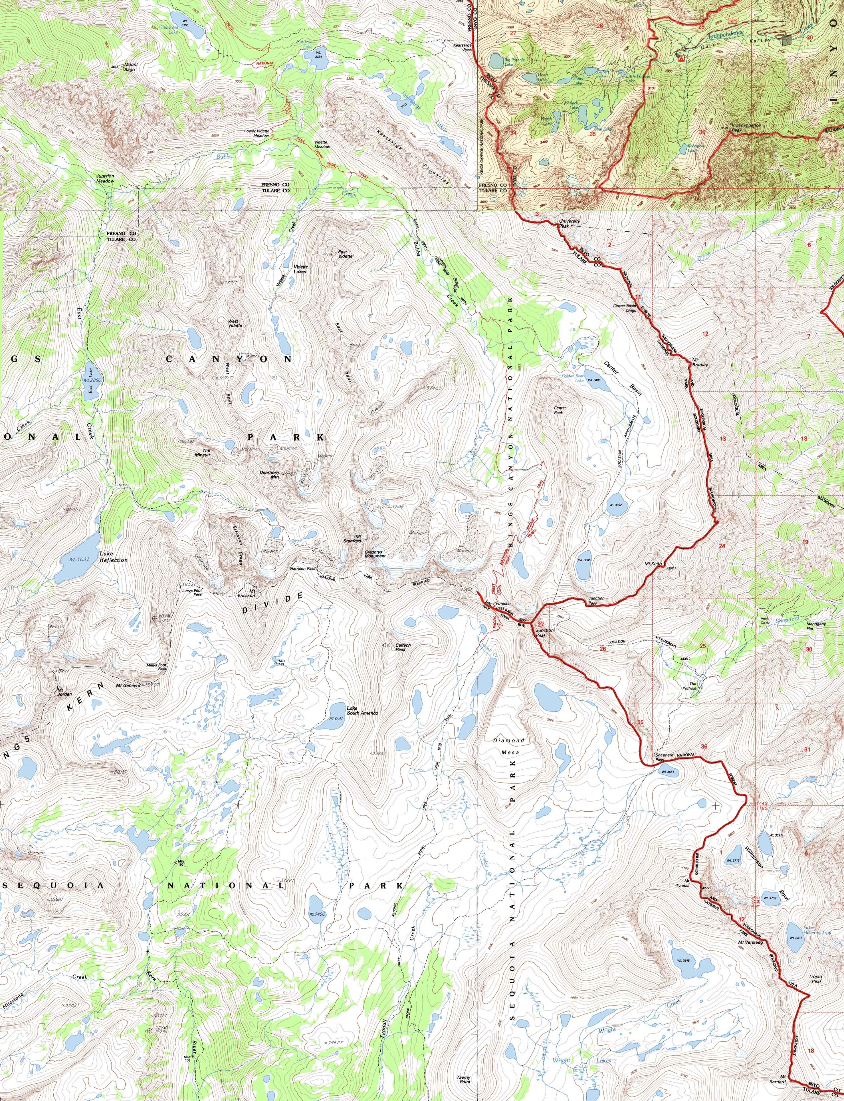 Backpacking map of John Muir Trail from Vidette Meadow to Tyndall Creek over Forester Pass.