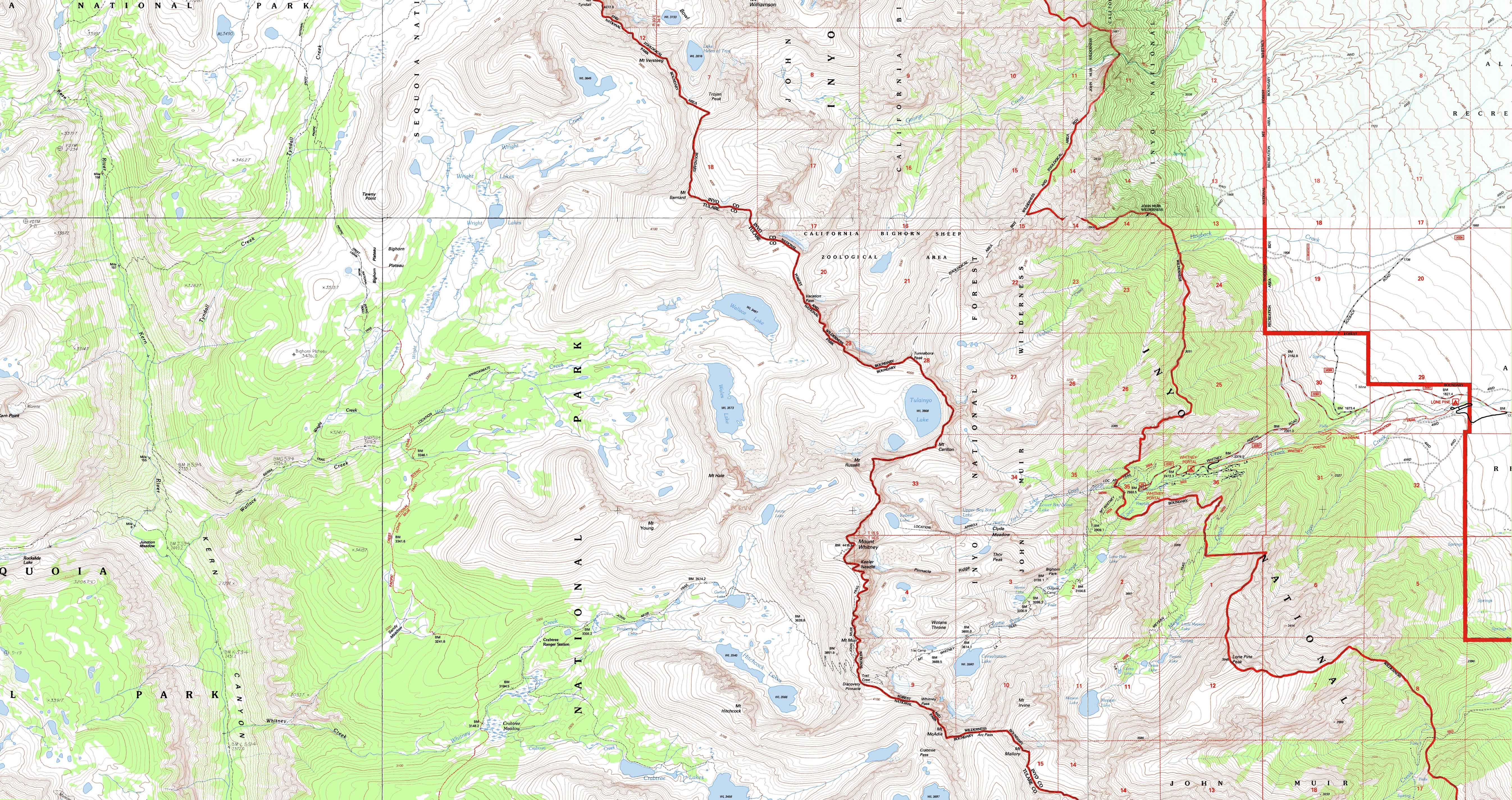 The end of the John Muir Trail Backpacking map from Tyndall Creek to the Mount Whitney Portal.