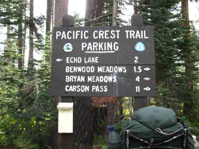 This Mileage Sign sits at the Echo Summit trailhead parking lot