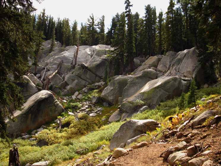 Trail along East facing slope gives a brief view of Lake Tahoe