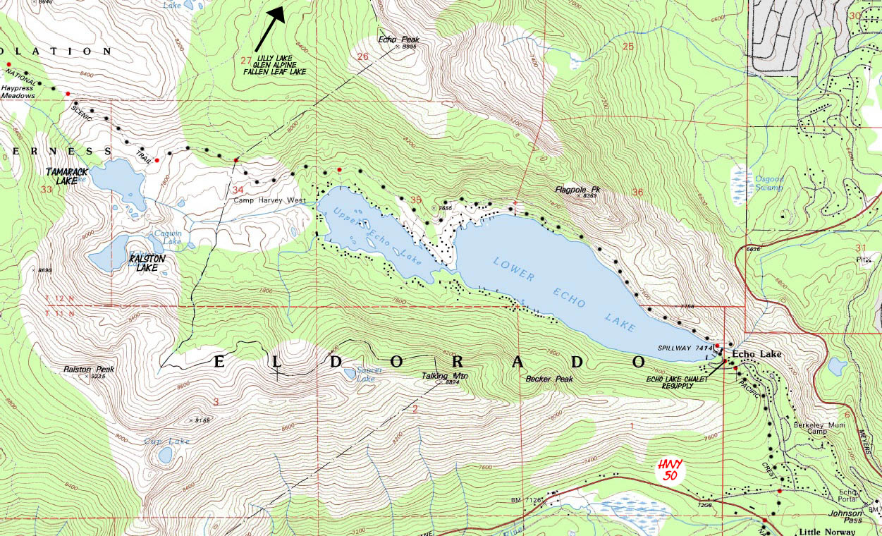 Echo Lakes topo hiking map. The Tahoe to Yosemite Trail.