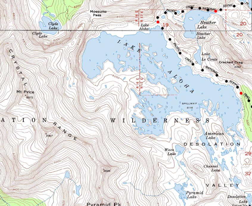 Lake Aloha topo hiking map.
