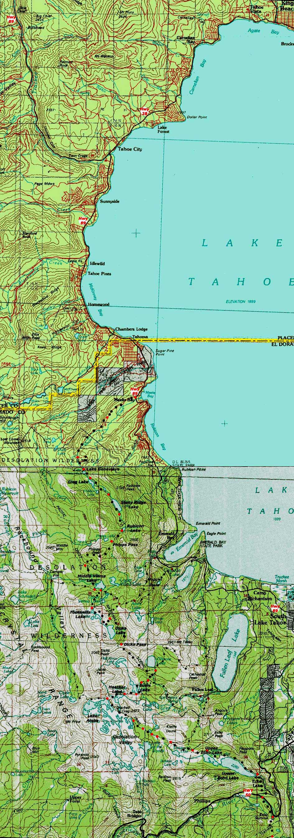 Lake Tahoecustom USGS Topo Backpacking Map featuring the Tahoe to Yosemite and Pacific Crest Trails through Desolation Wilderness.