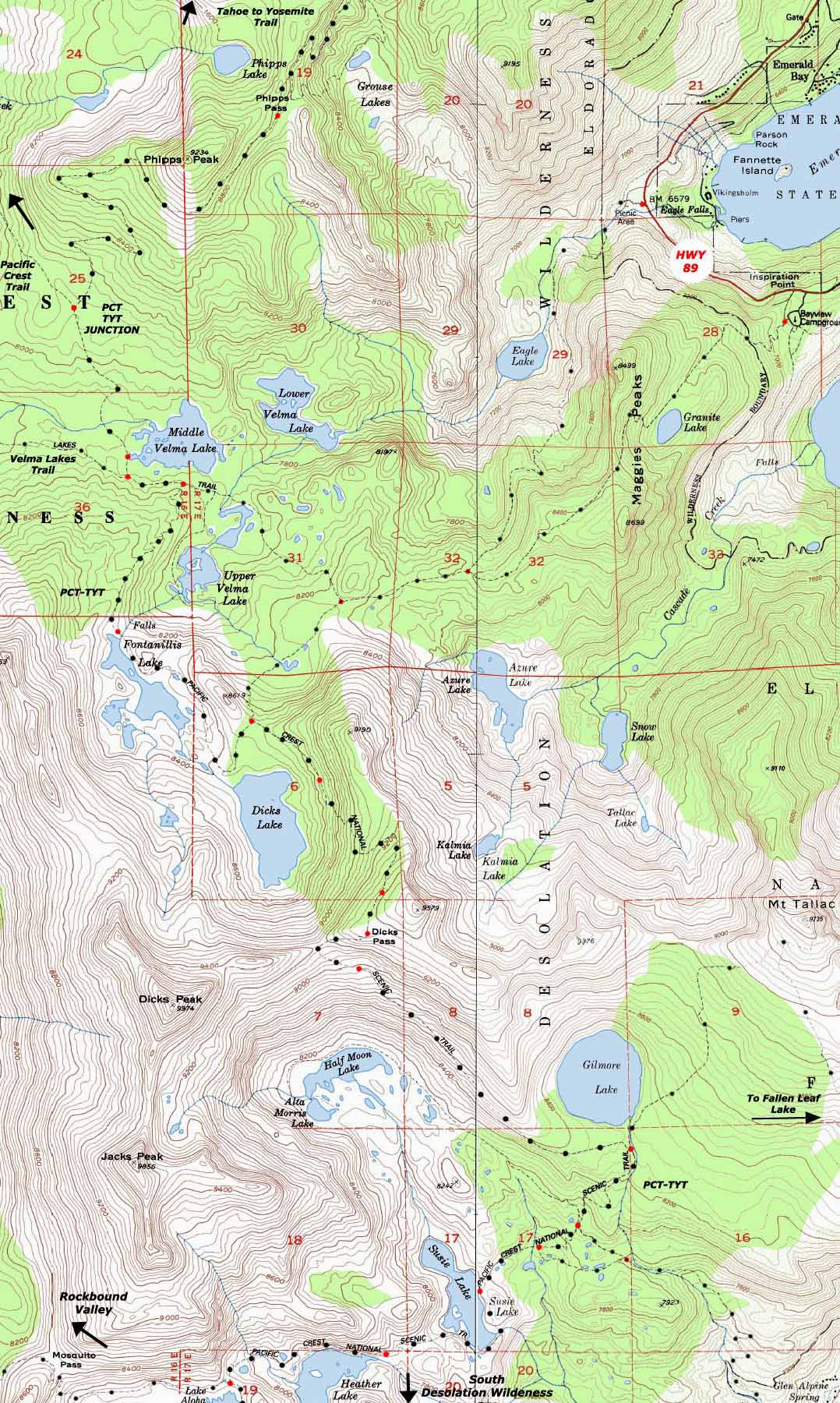 Phipps Pass to Lake Aloha topo hiking map of the Desolation Wilderness Pacific Crest and Tahoe to Yosemite Trails.