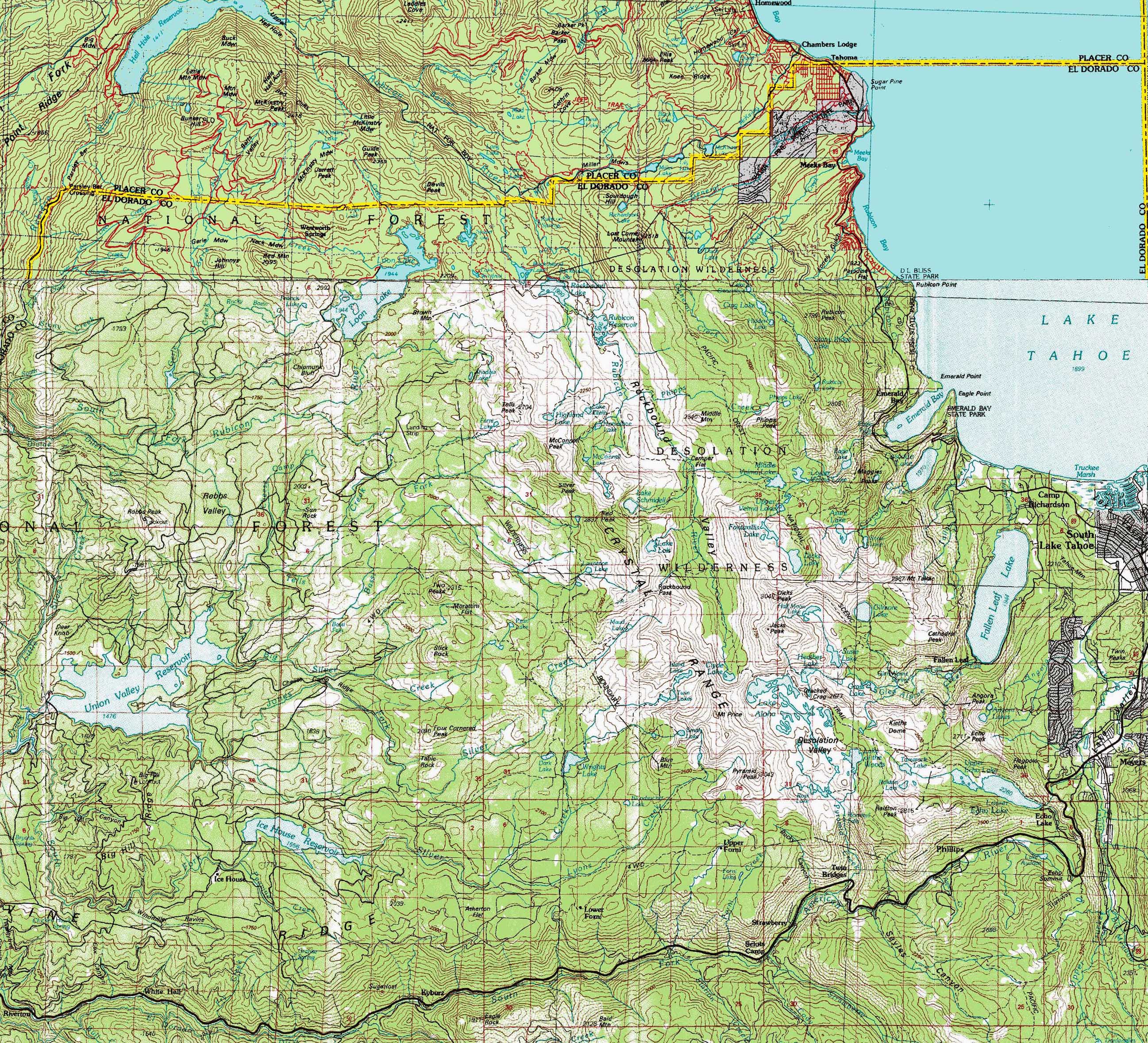 Complete Desolation Wilderness topographic backpacking map.